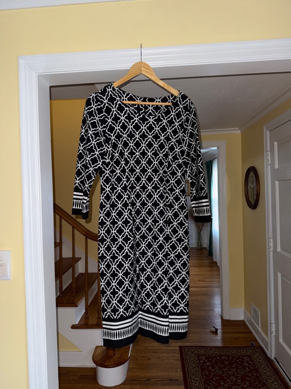 Talbots Black and White Geometric Long-Sleeve Shift Dress